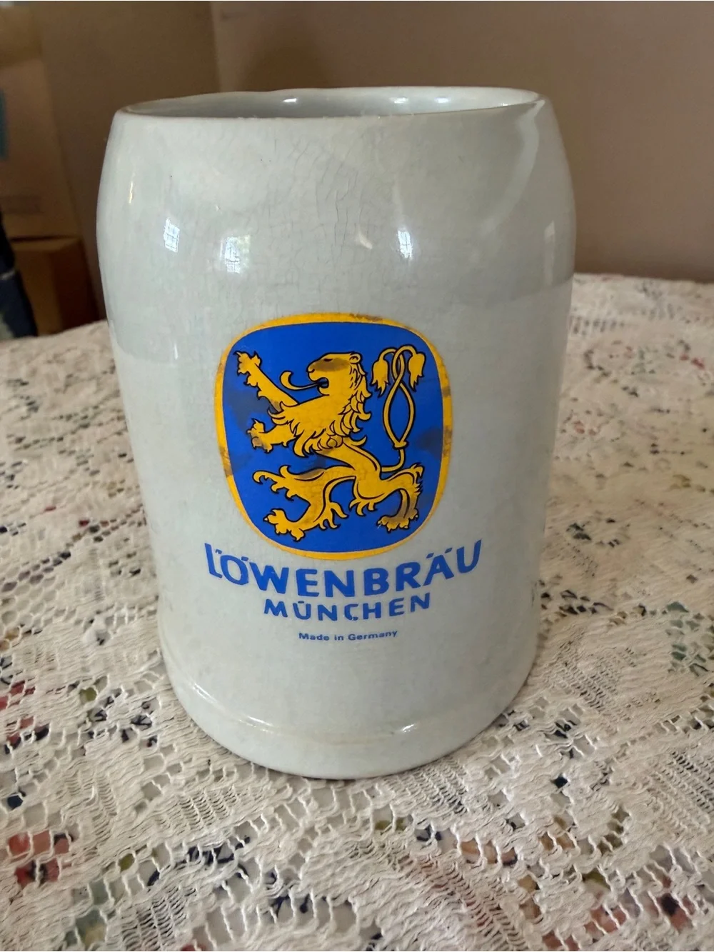 Löwenbräu München Ceramic Stein in White with Blue & Gold Crest